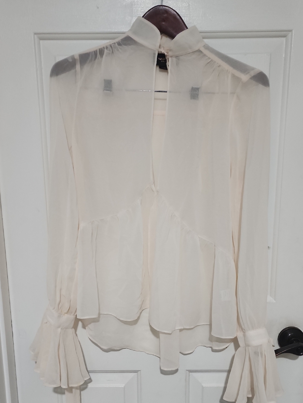 Sheer Cream High-Neck Peplum Blouse - Women Tops
